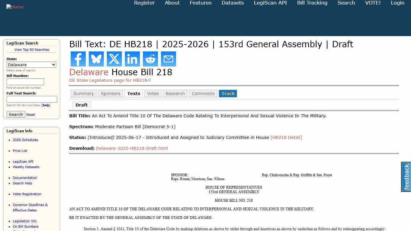 Bill Text: DE HB218 2025-2026 153rd General Assembly Draft LegiScan