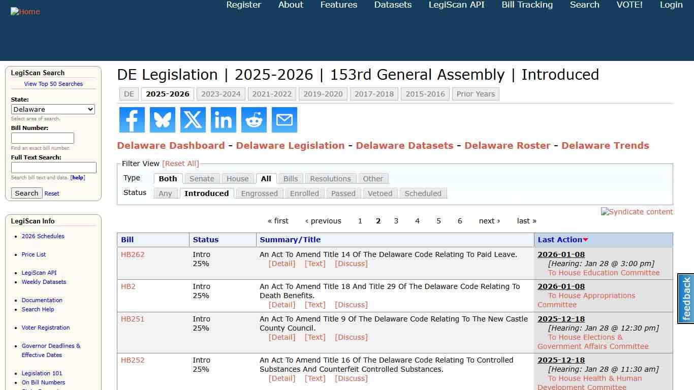 DE Legislation 2025-2026 153rd General Assembly Introduced LegiScan